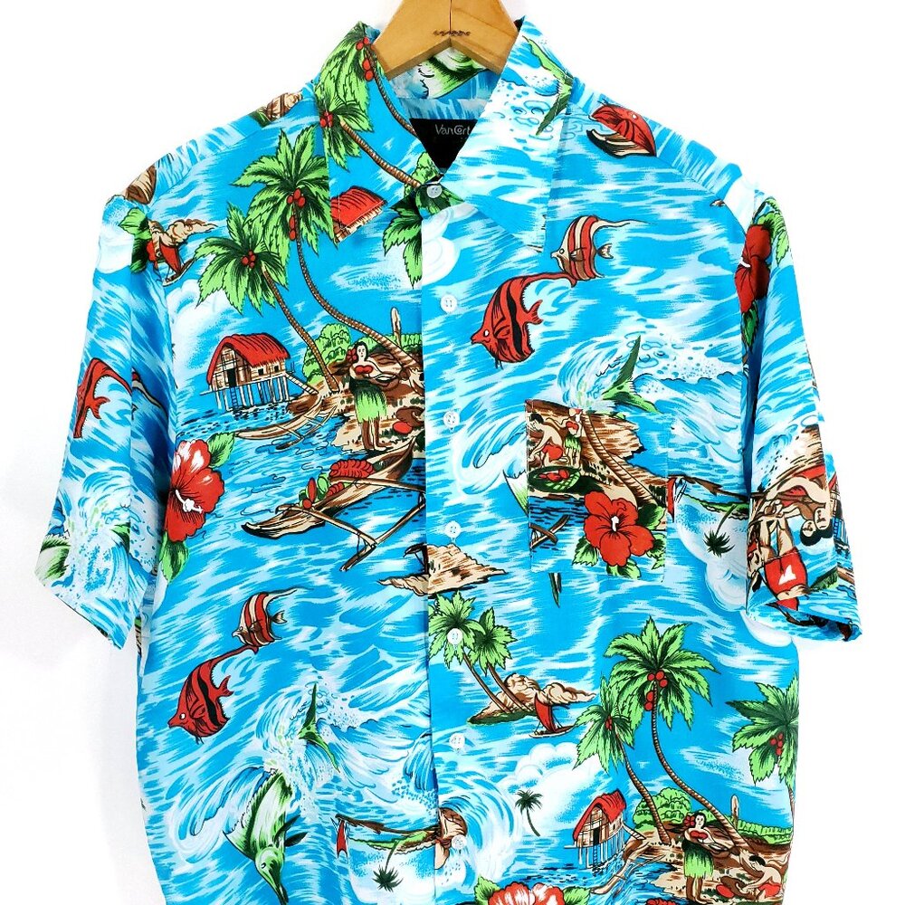 Vtg Van Cort Hawaiian Shirt Men's L? Short Sleeve Blue White Fish Island Print